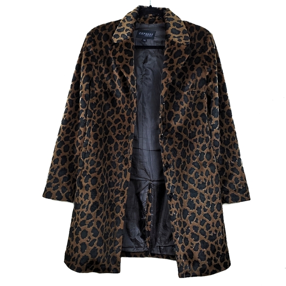Express Brown Faux Fur Leopard Coat Size 7/8 - Picture 4 of 7